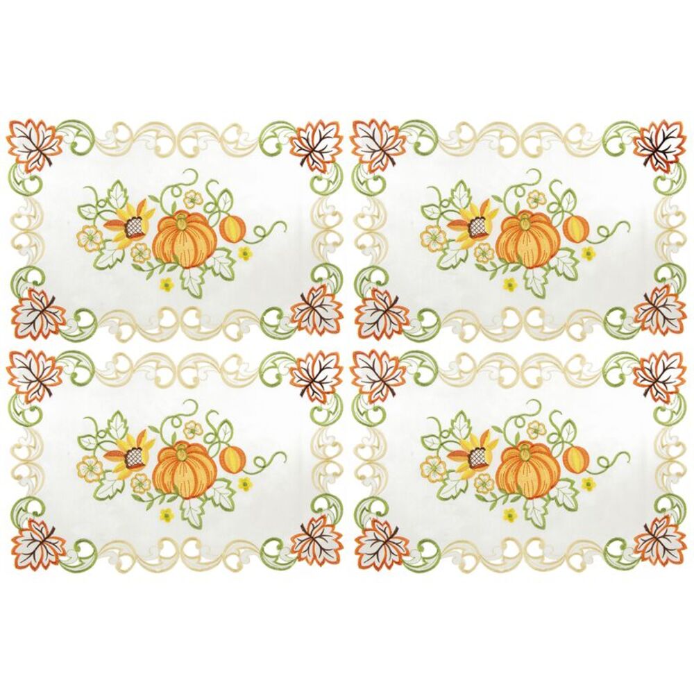 Embroidered Autumn Harvest Fabric Placemats Ivory, Set of 4